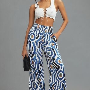 Mauve Anthropologie Saria Smocked Wide-Leg Pants Geometric Blue